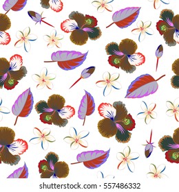 Bright hawaiian seamless pattern with tropical hibiscus flowers on white background in green and orange colors.