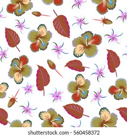 Bright hawaiian seamless pattern with tropical hibiscus flowers on white background in brown and blue colors.