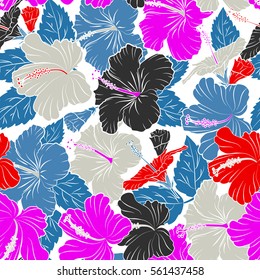 Bright hawaiian seamless pattern with tropical hibiscus flowers on white background in red and blue colors.