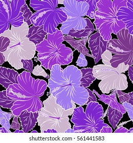 Bright hawaiian seamless pattern with tropical hibiscus flowers on black background in purple and violet colors.