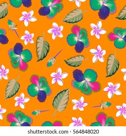 Bright hawaiian seamless pattern with tropical hibiscus flowers on orange background.