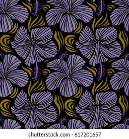 Bright hawaiian seamless pattern with tropical hibiscus flowers on black background in gray, brown and violet colors.