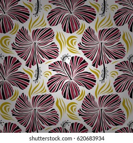 Bright hawaiian seamless pattern with tropical hibiscus flowers on white background in yellow and red colors.