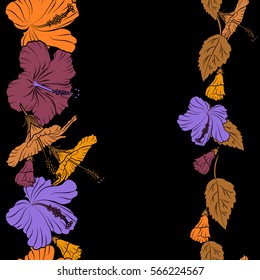 Bright hawaiian seamless pattern with vertical orange, yellow and violet tropical hibiscus flowers and copy space (place for your text).