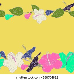 Bright hawaiian seamless pattern with violet, green and yellow tropical hibiscus flowers and copy space (place for your text).