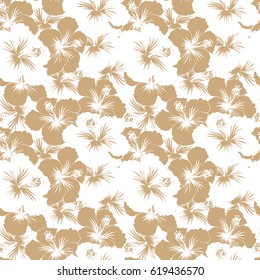 Bright hawaiian seamless pattern with white and beige tropical hibiscus flowers.