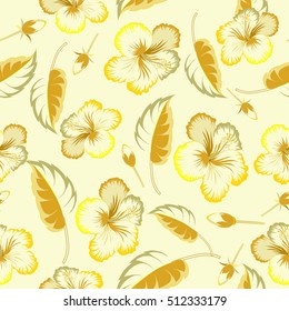 Bright hawaiian seamless pattern with yellow tropical hibiscus flowers.