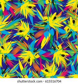 Bright Hawaiian texture with exotic colorful geometrical flowers and leaves on dark blue background. Floral seamless pattern with tropical motifs.