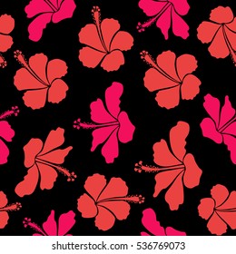 Bright hawaiian with tropical hibiscus flowers on black background in magenta and pink colors.