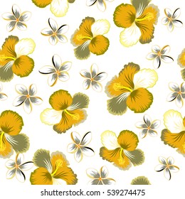 Bright hawaiian with tropical hibiscus flowers on white background in neutral, white and yellow colors.