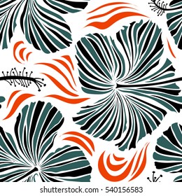 Bright hawaiian with tropical hibiscus flowers on white background in black and blue colors.