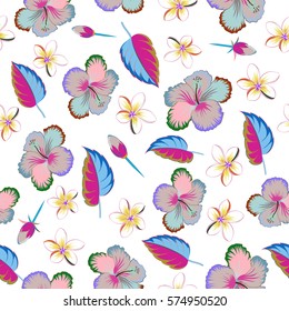Bright hawaiian with tropical hibiscus flowers on white background in blue and pink colors.