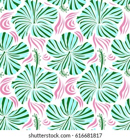 Bright hawaiian with tropical hibiscus flowers on white background in blue, pink and green colors.