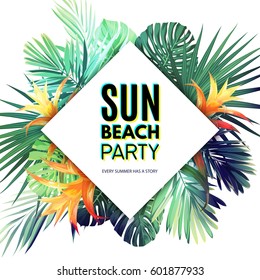 Bright hawaiian vector floral design template for summer party. Tropical flyer with green exotic palm leaves and orange flowers.