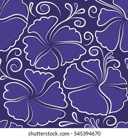 Bright hawaiian with violet tropical hibiscus flowers.