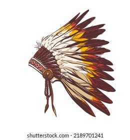 Bright headdress of Indian chief in hand drow style for print and design. Vector illustration.