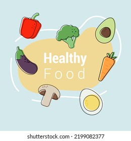 Bright healthy food icons, eco label on blue background, vegetarian menu