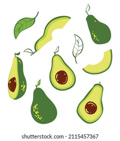 Bright healthy tasty avocado. Isolate elements of cut avocado on white background
