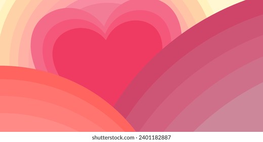 Un corazón brillante por enamorarse. Ilustración vectorial de fondo en capas, rojo, rosa, naranja, amarillo. Vector de stock