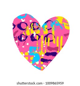 Bright heart with colored stains, strokes, strokes, blots isolated on white background. Textured form. Valentines Day design