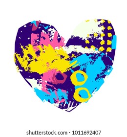 Bright heart with colored stains, strokes, smears, blots isolated on white background. Textured form. Valentines Day design