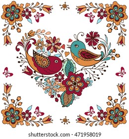 Bright heart with flowers and birds. Vector card with cute bird.