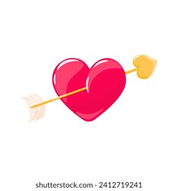 Bright heart with golden arrow for Valentine's day. Vector love symbol illustration isolated on white background. Detailed cartoon element for holiday patterns, packaging, designs