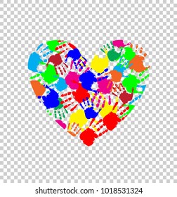 Bright heart icon made of colored hand prints isolated on transparent background. Vector illustration, logo, clip art. Symbol of childhood, multicultural friendship, love, kindness, piece in world.