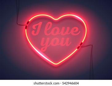 Bright heart. Neon sign. I love you message. Retro neon heart sign on purple background. Design element for Happy Valentine's Day. Ready for your design, greeting card, banner. Vector illustration.