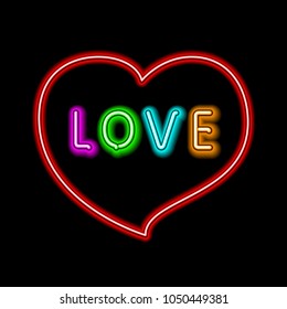 Bright heart. Neon sign. Retro neon heart sign on black background. Design element for Happy Valentine's Day. Ready for your design, greeting card, banner. Vector illustration. art