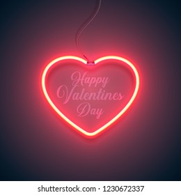 Bright heart. Neon sign. Retro neon heart sign on purple background. Design element for Happy Valentine's Day. Ready for your design, greeting card, banner. Vector illustration.