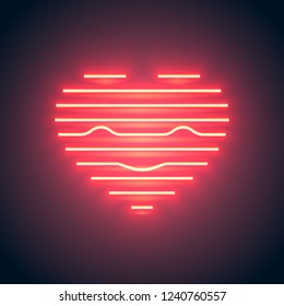 Bright heart. Neon sign. Retro neon heart sign with smile on purple background. Design element for Happy Valentine's Day. Ready for your design, greeting card, banner. Vector illustration.