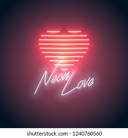 Bright Heart. Neon Sign. Retro Neon Heart Sign On Purple Background With Word Neon Love. Design Element For Happy Valentine's Day. Ready For Your Design, Greeting Card, Banner. Vector Illustration.