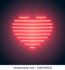 Bright heart. Neon sign. Retro neon heart sign on purple background. Design element for Happy Valentine's Day. Ready for your design, greeting card, banner. Vector illustration.