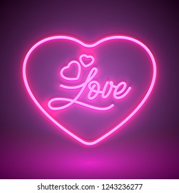 Bright heart. Neon sign. Retro neon heart sign on purple background. Design element for Happy Valentine's Day. Ready for your design, greeting card, banner. Vector illustration.