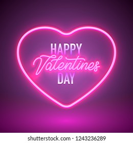 Bright heart. Neon sign. Retro neon heart sign on purple background. Design element for Happy Valentine's Day. Ready for your design, greeting card, banner. Vector illustration.