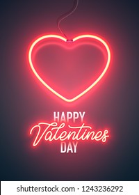 Bright heart. Neon sign. Retro neon heart sign on purple background. Design element for Happy Valentine's Day. Ready for your design, greeting card, banner. Vector illustration.
