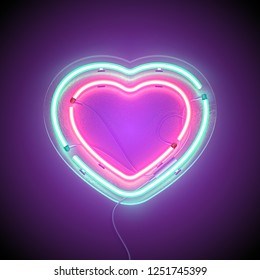 Bright heart. Neon sign. Retro neon heart signboard on purple background. Design element for Happy Valentine's Day. Ready for your design, greeting card. Vector illustration.
