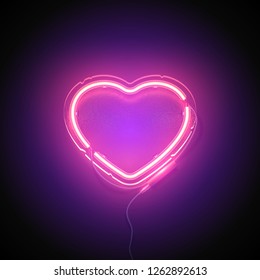 Bright heart. Neon sign. Retro neon heart signboard on purple background. Design element for Happy Valentine's Day. Ready for your design, greeting card. Vector illustration.