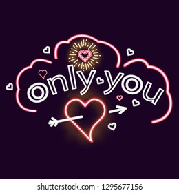 Bright heart. Neon sign. Retro neon heart sign on purple background. Design element for Happy Valentine's Day. Ready for your design, greeting card, banner. Vector illustration.