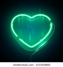 Bright heart. Neon sign. Retro neon heart signboard on green background. Design element for Happy Valentine's Day. Ready for your design, greeting card. Vector illustration.