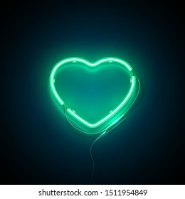 Bright heart. Neon sign. Retro neon heart signboard on green background. Design element for Happy Valentine's Day. Ready for your design, greeting card. Vector illustration.