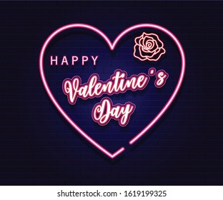 Bright heart. Neon sign. Retro neon heart sign on purple background. Design element for Happy Valentine's Day. Ready for your design, greeting card, banner. Vector illustration.