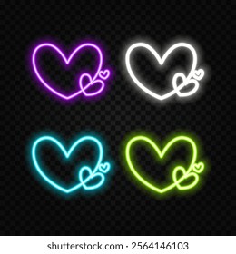 Bright heart. Neon sign. Retro neon heart sign on purple background. Design element for Happy Valentines Day. Ready for your design, greeting card, banner. Vector illustration.