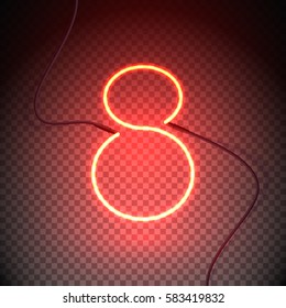 Bright heart. Neon sign. Retro neon 8 sign on transparent background. Design element for Eight March. International women's day. Ready for your design, greeting card, banner. Vector illustration.
