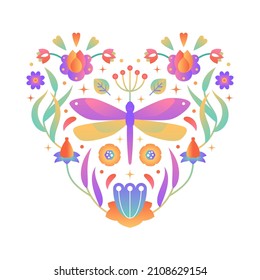 Bright heart shape with flowers, dragonfly and leaves. Gradient floral ornament, folk motif. Beautiful design element for Valentines, Mothers day, International Womens day holidays greeting.