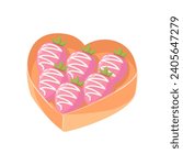 Bright heart shaped box of candies, strawberries in pink chocolate. Love gift for Valentine's day. Cartoon vector illustration on white background