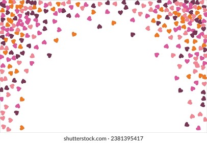 Bright hearts confetti corner frame on white background. Valentine's Day. Banner template. Space for text. Vector illustration.