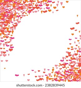 Bright hearts confetti corner frame on white background. Valentine's Day. Banner template. Space for text. illustration.