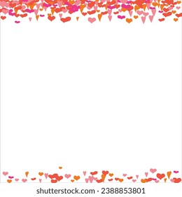 Bright hearts confetti corner frame on white background. Valentine's Day. Banner template. Space for text. illustration.